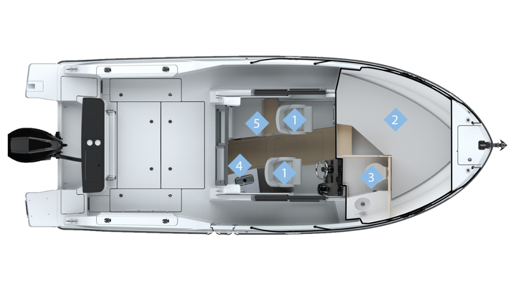 Quicksilver 805 Pilothouse žvejybinio katerio išplanavimas su kajutės vaizdu